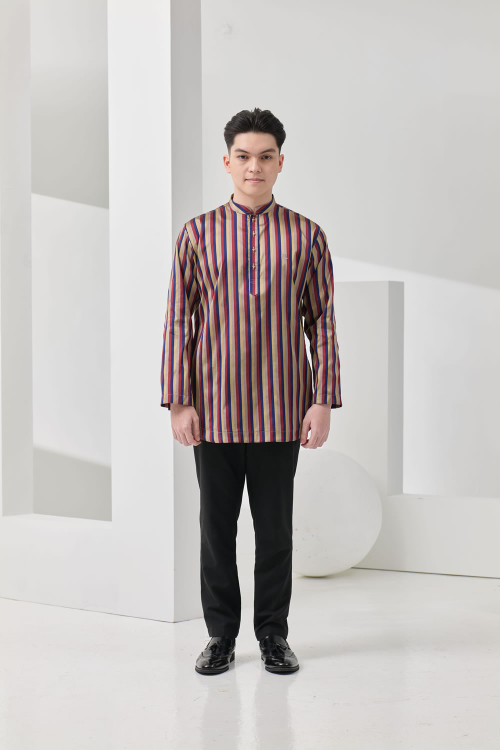 Tianjin Mandarin Collar Kurta - Gold/Blue/Maroon Stripe