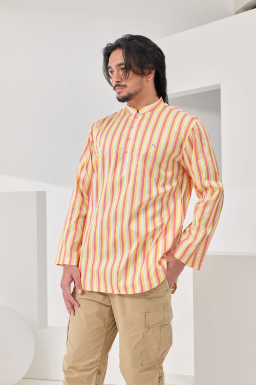 Tianjin Mandarin Collar Kurta - White/Yellow/Orange/Beige Stripe