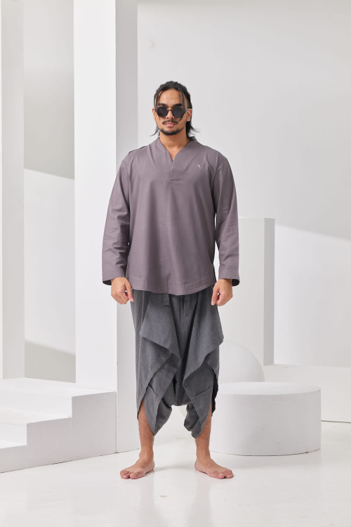 Hiroshima Nuzette Signature Collar Kurta - Dusty Grey