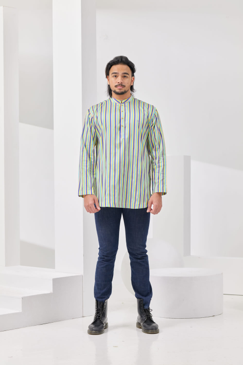 Tianjin Mandarin Collar Kurta - Yellow/Royal Blue/Baby Blue Stripe