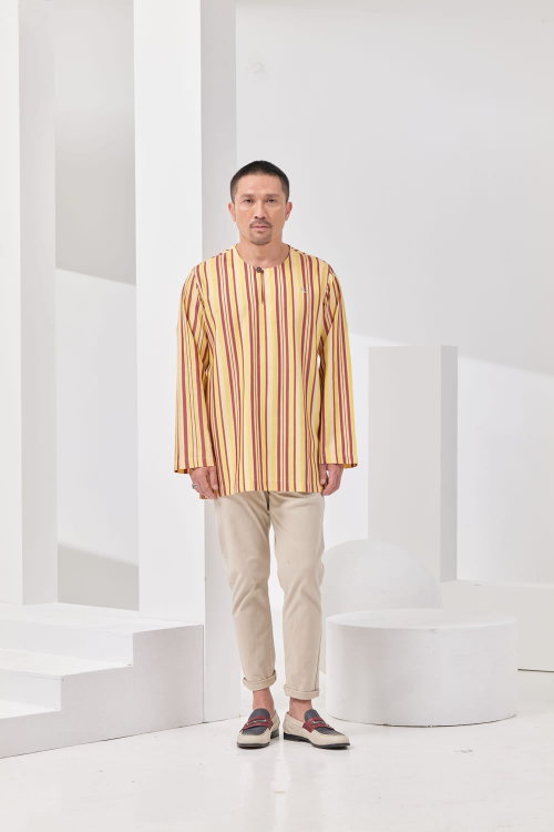 Muo Teluk Belanga Kurta - Checkered Brown Yellow Stripe