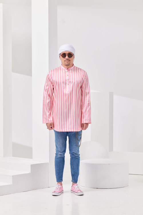 Tianjin Mandarin Collar Kurta - Pink/White/Peach Stripe